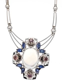 Moonstone-sapphire necklace WG 585/000 floral pendant with an oval moonstone cabochon 19 x 14.6