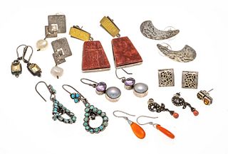 10-piece ear studs set, silver, with different precious and semi-precious stones, including