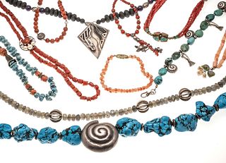11-piece jewelry collection, silver, with coral, turquoise, labradorite and lawa stone, 9 necklaces,