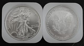 Two Rolls of 20-2007 1oz Silver American Eagle Dollar Coins BU