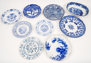 English Blue and White Wares Plates and Bowls (9) (Foyer)