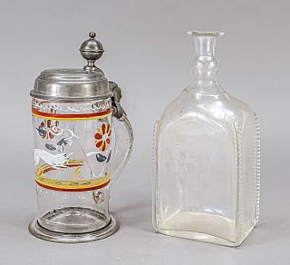 Glass beer stein with tin hinged