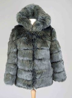 Grey faux fur jacket with hood,