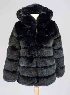 Black faux fur jacket with hood,