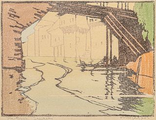 D.N. Morgan Color Woodcut "The Bridge Srinagar," (India) c1925