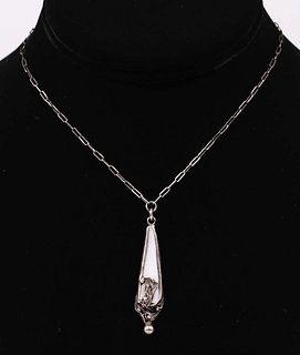 Arts & Crafts Sterling Silver & Shell Narrow Pendant Necklace c1910