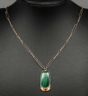 Arts & Crafts Secessionist Malachite, Seed Pearl & Ruby Pendant Necklace c1905