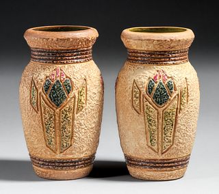 Pair Roseville Mostique Vases c1910s.