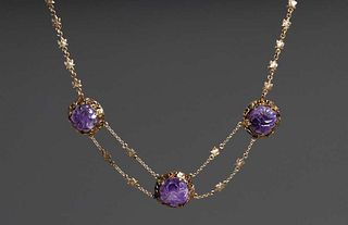 Cleveland School Arts & Crafts 10k Gold & Purple Jade Necklace c1905
