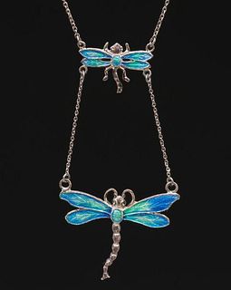 Charles Horner Sterling Silver & Enamel Dragonfly Pendant Necklace c1905