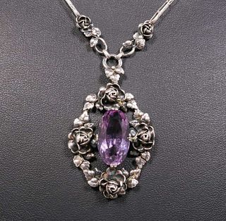 Faceted Amethyst Intricate Sterling Silver Rose Necklace c1905