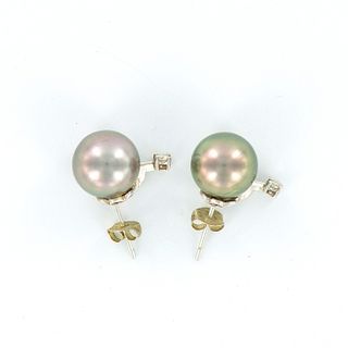 Tahitian Silver Pearl with Diamonds 14K Gold Stud Earrings