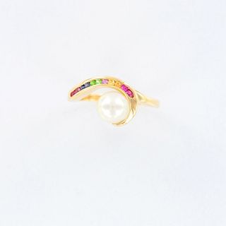 Rainbow Pride Sapphires with White Pearl Ring, 14K
