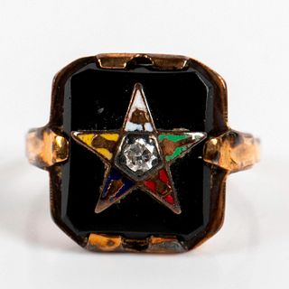 10K Gold, Black Onyx, Diamond Eastern Star Ring