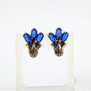 Vintage Sterling Silver Cobalt Blue Stones Floral Earrings