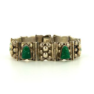 Sterling Silver Bracelet with Green Jade Aztec Panels