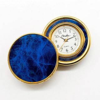 Vintage Carotee Quartz Pocket Watch Gold Tone Blue Enamel