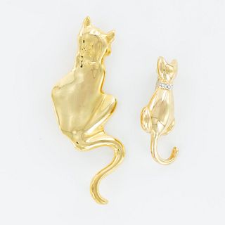 2pc Grouping of Vintage Gold Tone Figural Cat Brooches