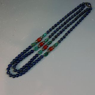 MAGNIFICENT CORAL TURQUOISE & LAPIS LAZULI BEADS NEACKLACE