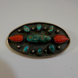 ANIQUE STERLING SILVER RED CORAL TURQUOISE BROOCH PIN