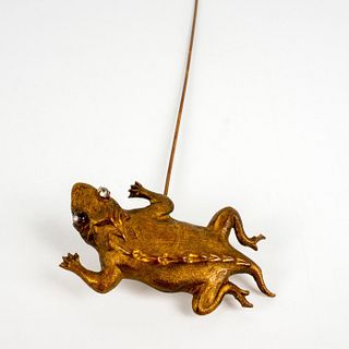 Vintage Bronze Hat Pin, Salamander with Rhinestone Eyes