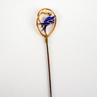 Vintage Brass Hat Pin, Blue Bird in Repose