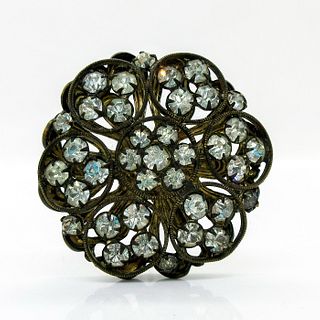 Vintage Brass Hat Pin, Rhinestone Flower