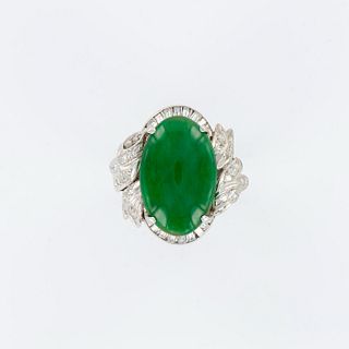 14K White Gold Statement Ring, Jade with Diamond Accents