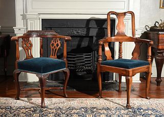 Two Carved Mahogany Corner Armchairs