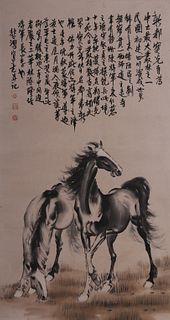 Chinese ink Color Painting w Characters, Horses