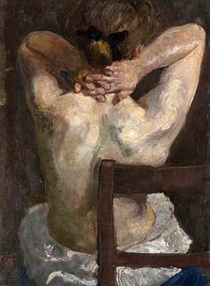 Focke, Wilhelm H. 1878 - Bremen - 1974. sitting female supine nude. Circa 1912. oil/palmboard laid
