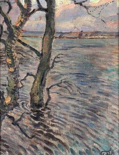 Focke, Wilhelm H. 1878 - Bremen - 1974. trees in the water. Oil/canvas mounted on cardboard,