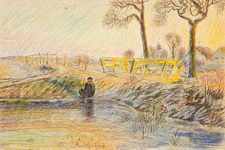 Focke, Wilhelm H. 1878 - Bremen - 1974. Boy sitting at the frozen lake, tying his skates. Colored