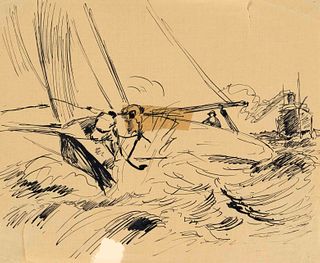 Focke, Wilhelm H. 1878 - Bremen - 1974. three ink pen drawings/paper. 1) Seagull over the water,