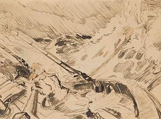 Focke, Wilhelm H. 1878 - Bremen - 1974. 2 ink brush/pen drawings/paper, 1) Sailor in heavy sea,