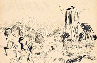 Focke, Wilhelm H. 1878 - Bremen - 1974. 4 fol. Pen-and-ink drawings/paper with equestrian, landscape