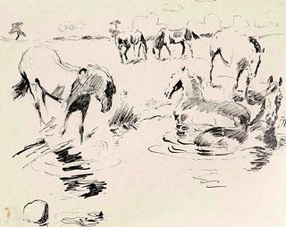 Focke, Wilhelm H. 1878 - Bremen - 1974. Horses in the pasture and in the water. 1911. ink pen
