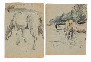 Focke, Wilhelm H. 1878 - Bremen - 1974. Two drawings of horses. Probably 1930s. Colored paper,
