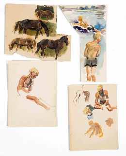 Focke, Wilhelm H. 1878 - Bremen - 1974. 4 ll. Studies of figures and horses. 1930/50s, gouache/