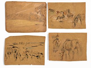 Focke, Wilhelm H. 1878 - Bremen - 1974. 9 fol. from a sketchbook with landscape, horse, deer and cow