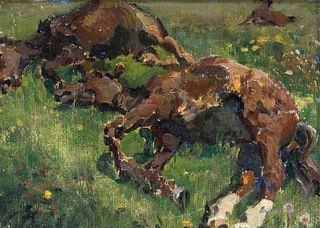 Focke, Wilhelm H. 1878 - Bremen - 1974. Lying horses on the pasture. 1930/40s. Oil/canvas laid