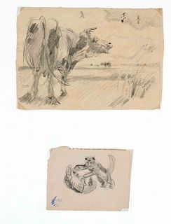 Focke, Wilhelm H. 1878 - Bremen - 1974. 2 pencil drawings/paper, unsigned, 1) Blocking cow on