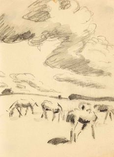 Focke, Wilhelm H. 1878 - Bremen - 1974. Grazing horses under cloudy sky. 1942. charcoal drawing with