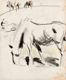 Focke, Wilhelm H. 1878 - Bremen - 1974. grazing horses. Probably 1920s. Charcoal and colored chalk/