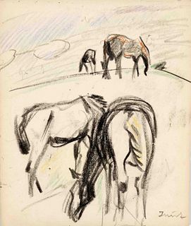 Focke, Wilhelm H. 1878 - Bremen - 1974. Grazing horses on Juist. Probably 1920s. Charcoal and