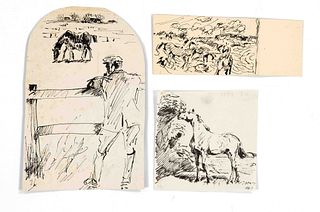 Focke, Wilhelm H. 1878 - Bremen - 1974. Three pen and ink drawings, 1) Rider standing at the gate