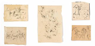 Focke, Wilhelm H. 1878 - Bremen - 1974. 5 sheets. Studies of horses and riders. Pencil partly softly