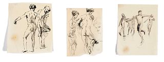 Focke, Wilhelm H. 1878 - Bremen - 1974. 3 Bll. Nude and movement studies. Standing male supine nudes