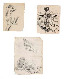 Focke, Wilhelm H. 1878 - Bremen - 1974. Three nudes, unsigned, 1) Female nude leaning against a