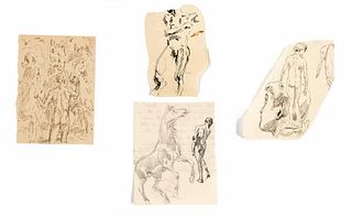 Focke, Wilhelm H. 1878 - Bremen - 1974. 4 sheets of male nude and animal studies. Around 1900-1940s.
